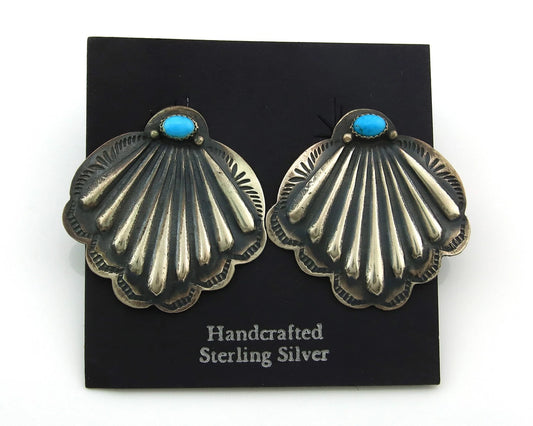 Navajo Dangle Concho Earrings Sterling Silver Natural Turquoise Vintage