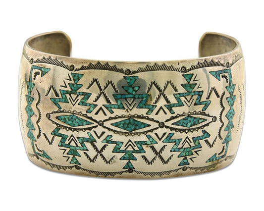 Men Navajo Bracelet 925 Silver Inlaid Turquoise Cuff Artist Signed NAKAI C.80's