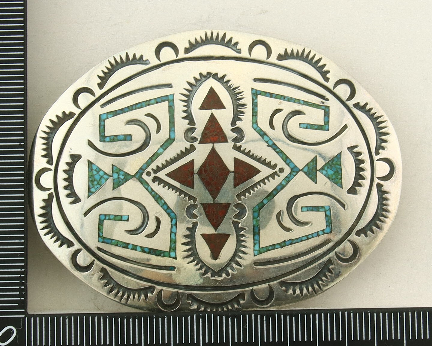 Vintage Navajo Belt Buckle 925 Silver Handmade Inlaid Gemstone Stanely Bain
