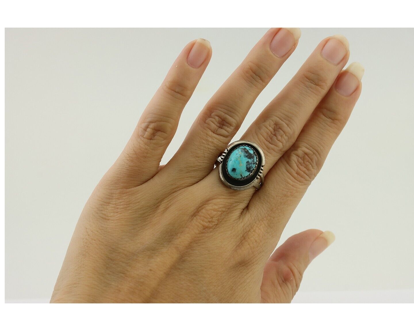 Navajo Ring 925 Silver Natural Mined Blue Turquoise Native American Artist C80s