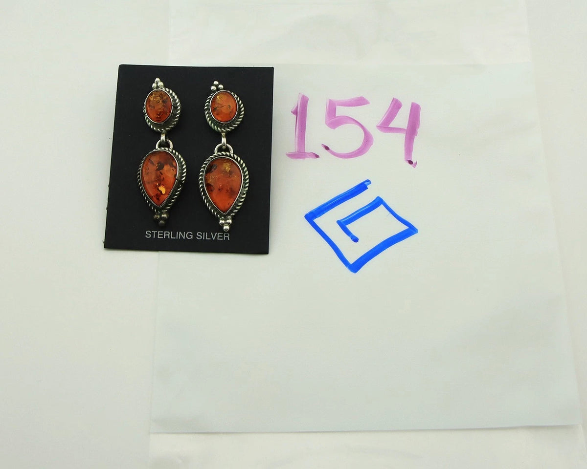 Navajo Dangle Earrings Sterling Silver Natural Amber Handmade Vintage