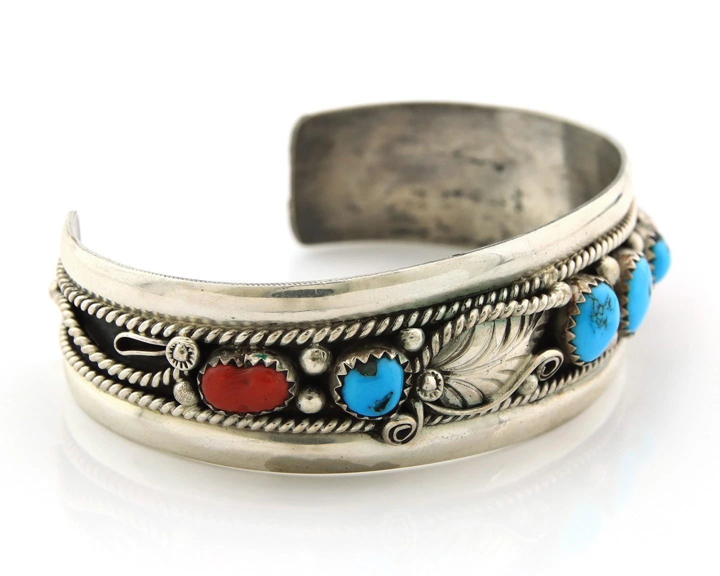 Navajo Cuff Bracelet Sterling Silver Turquoise & Coral Signed Randy Endito