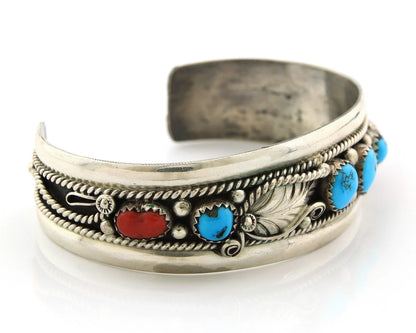 Navajo Cuff Bracelet Sterling Silver Turquoise & Coral Signed Randy Endito