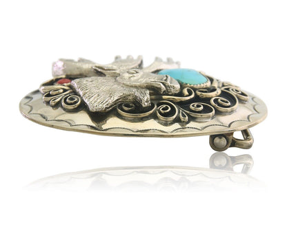 Navajo Belt Buckle .999 Nickel Buffalo Gemstone Signed 2.35 x 3.0 in C.80's