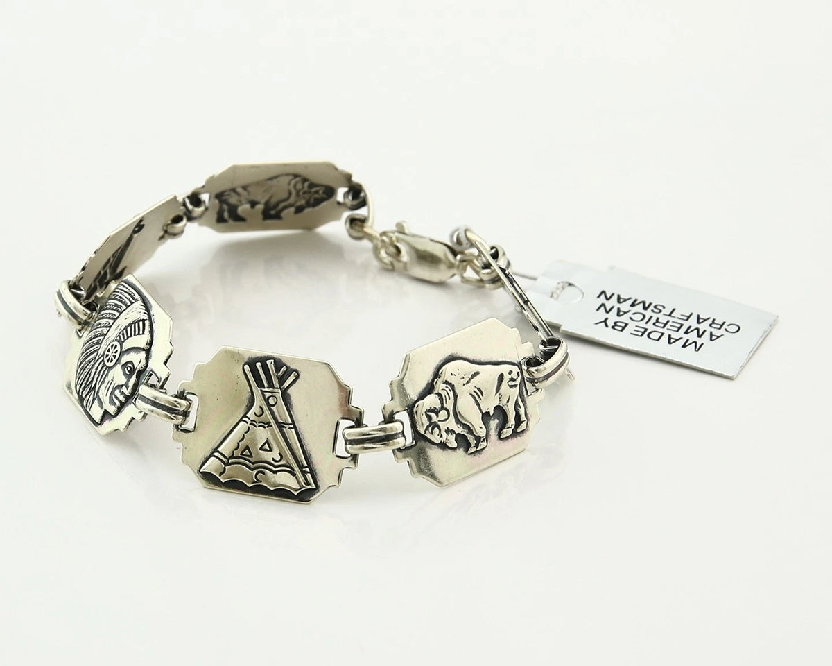 Navajo Picto Bracelet 925 Silver & Nickel Native American Artist Sunrise