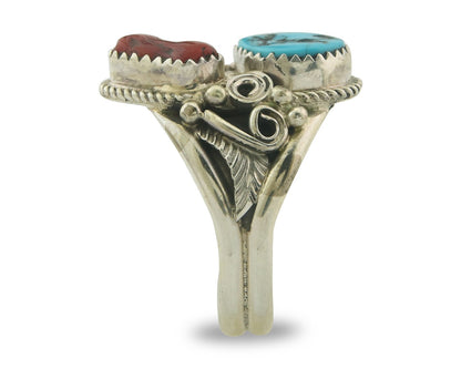 Men Navajo Ring 925 Sterling Natural Coral & Turquoise Signed JM C.80's Sz 12.25
