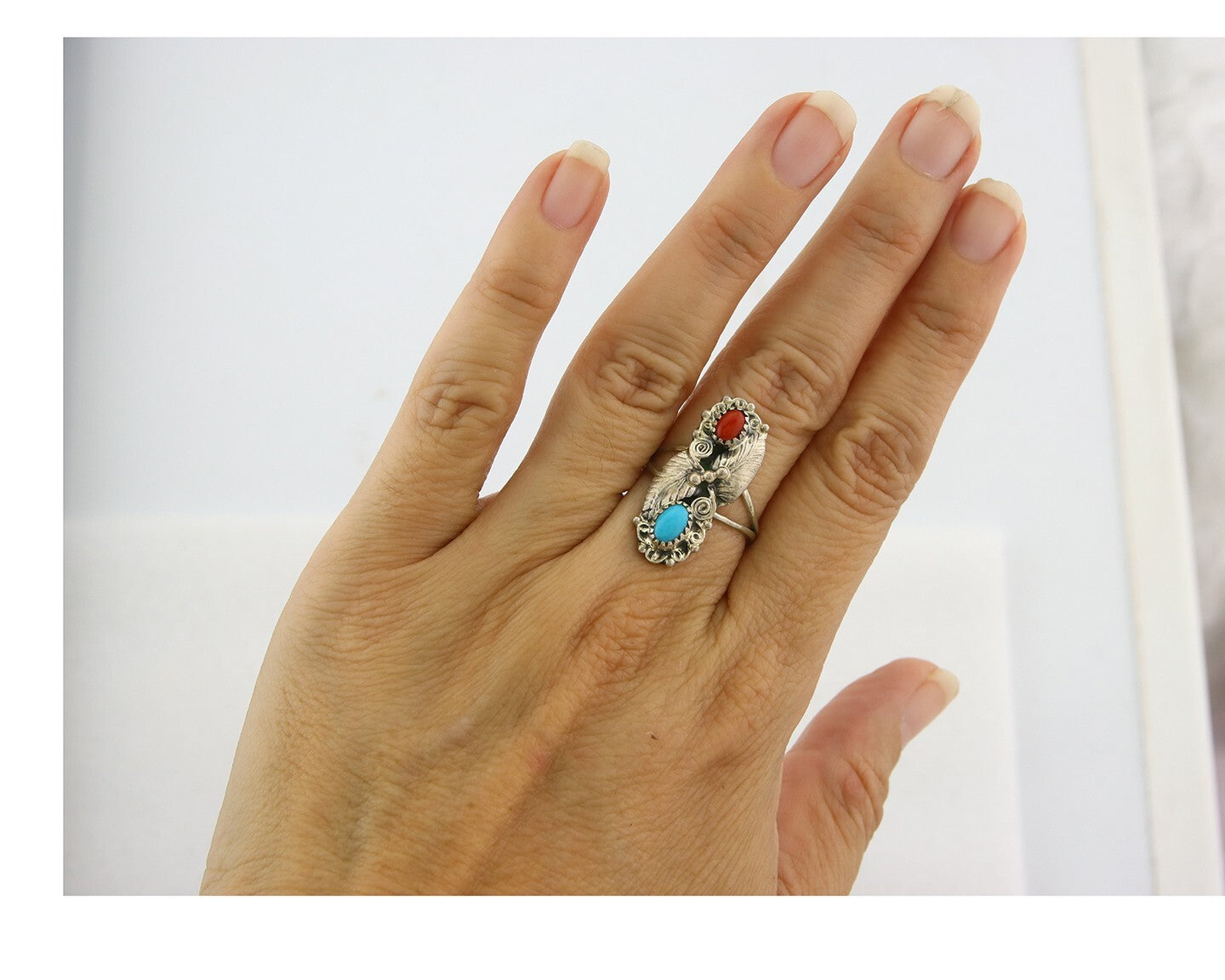 Navajo Ring 925 Sterling Silver Authentic Turquoise & Coral Signed WB Size 6.75