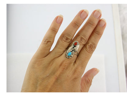 Navajo Ring 925 Sterling Silver Authentic Turquoise & Coral Signed WB Size 6.75