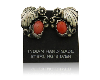 Navajo Earrings 925 Silver Natural Red Coral Native American Artist C.80's