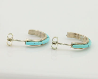 Navajo Half Hoop Earrings 925 Silver Natural Turquoise Native American Artist 80