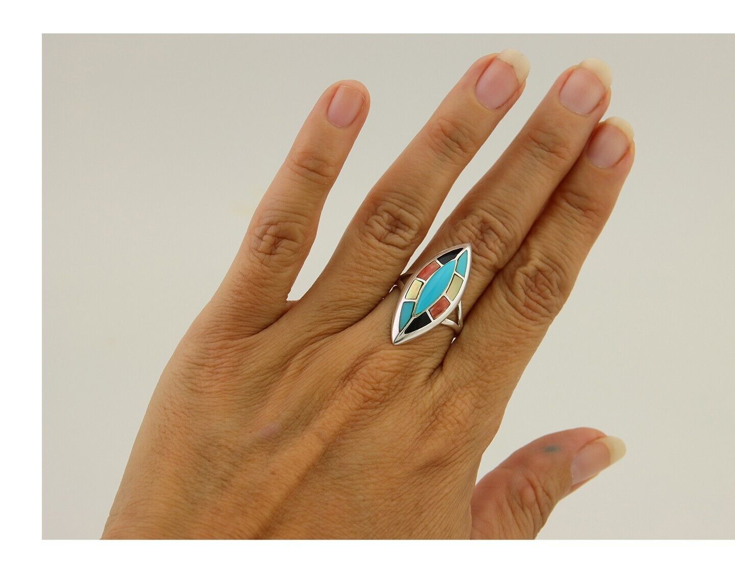 Navajo Ring 925 Silver Turquoise Shell Onyx Spiney Oyster Native Artist C80's