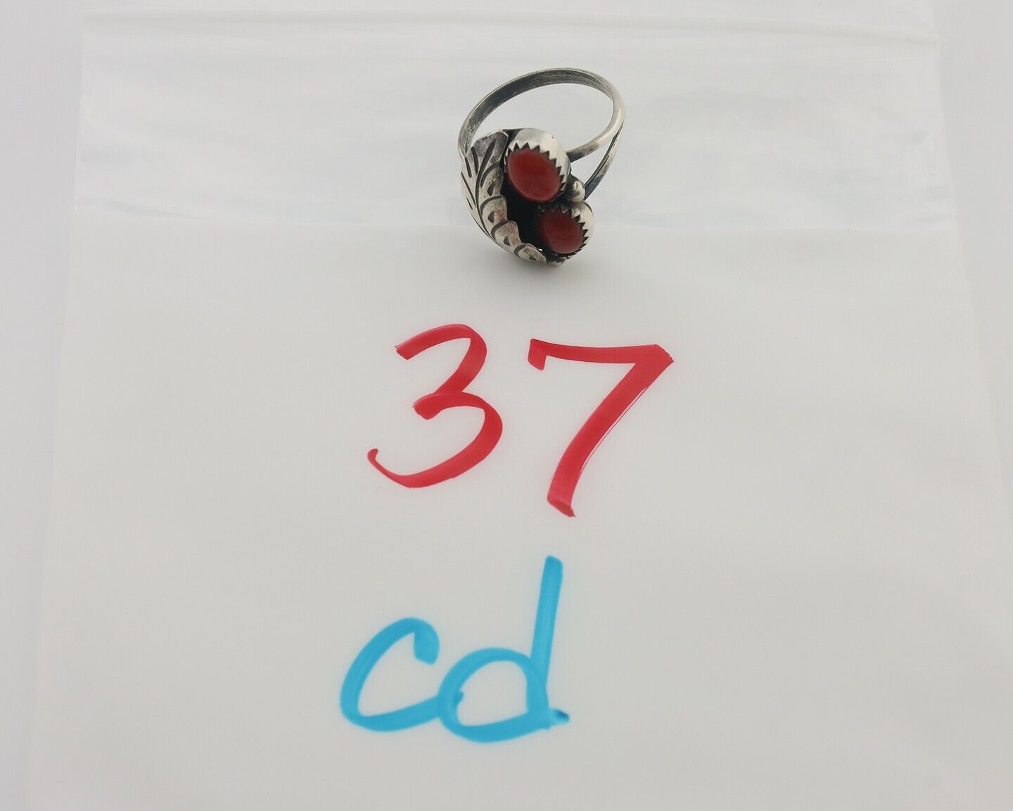 Navajo Handmade Ring 925 Silver Natural Mediterranean Coral Signed 88 C.80's