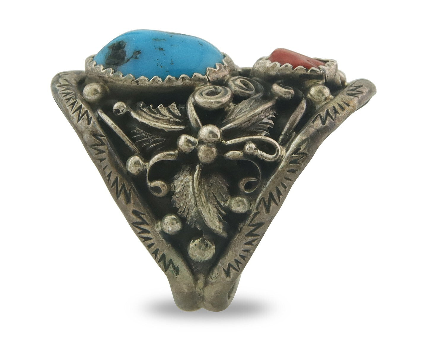Navajo Ring 925 Sterling Natural Coral & Turquoise Native Artist C.80's Size 9.0