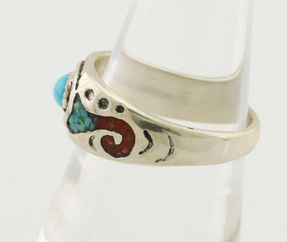 Navajo Ring 925 Silver Turquoise & Coral Natural American Artist C.80's