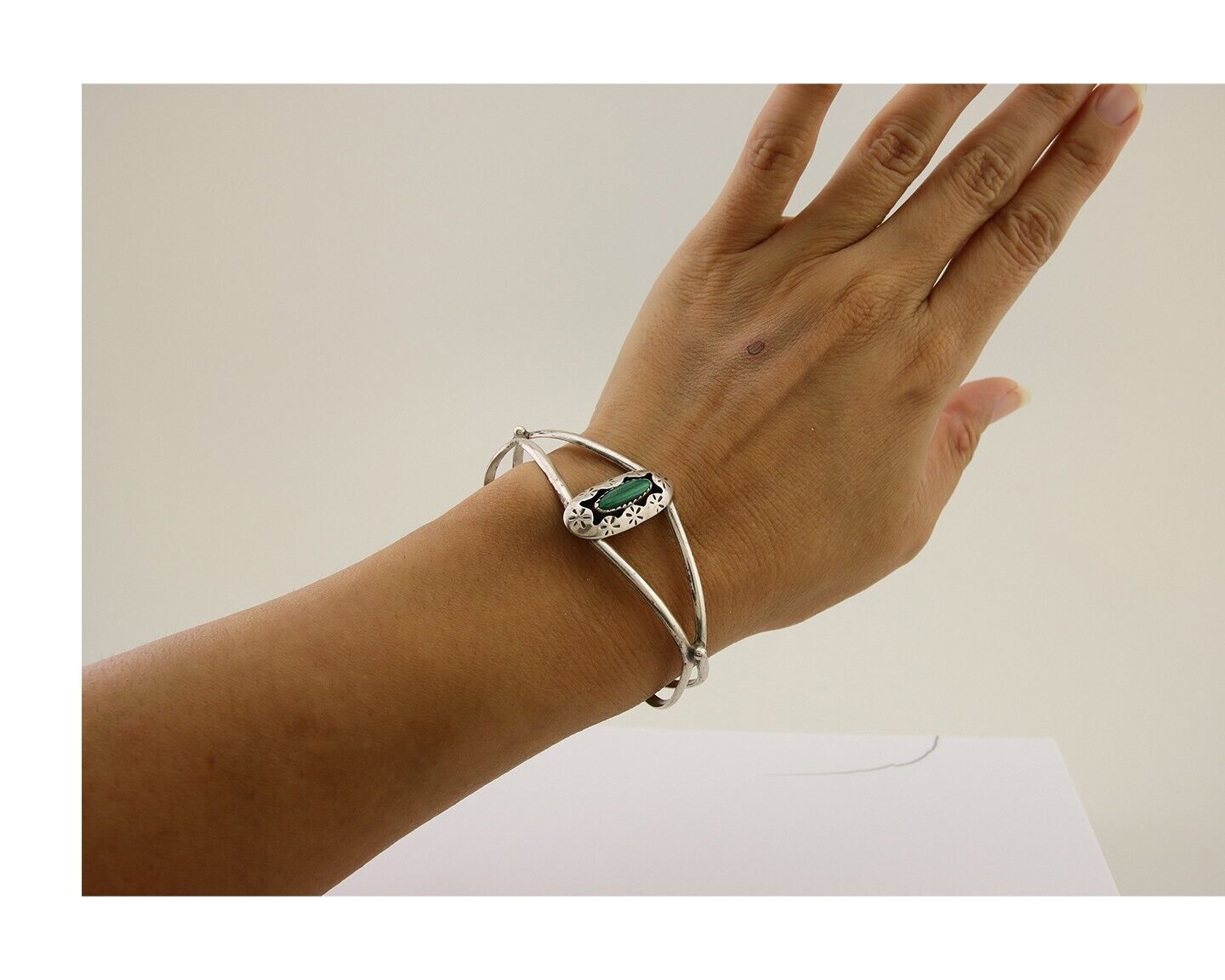 Navajo Hand Stamped Cuff Bracelet Malachite 925 Silver Artist Signed IJC C.80's