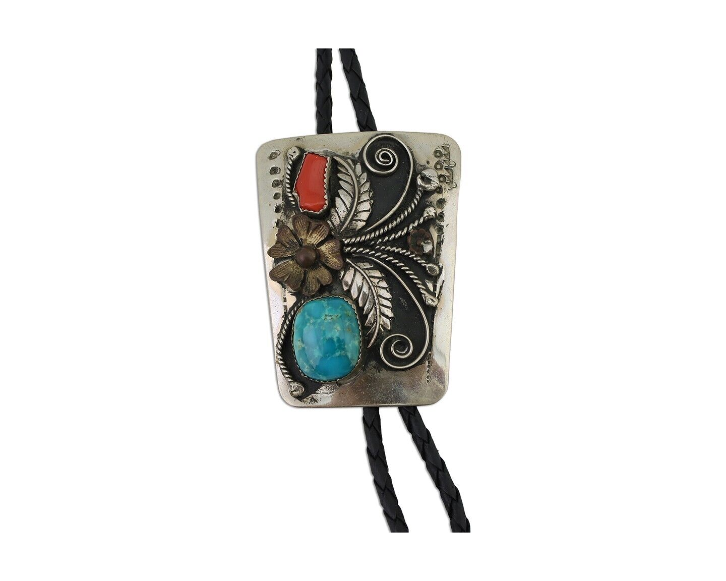 Navajo Bolo Tie .999 Nickel Coral & Turquoise Signed BENNETT C.80's