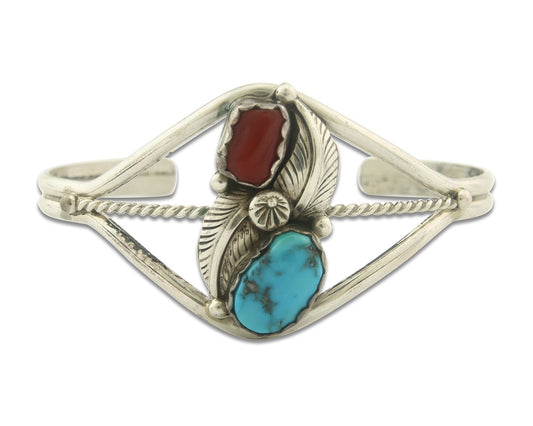 Vintage Navajo Bracelet 925 Silver Red Coral Turquoise Signed Paul J
