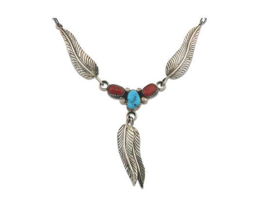 Vintage Navajo Necklace 925 Silver Coral & Turquoise Native Artist Handmade
