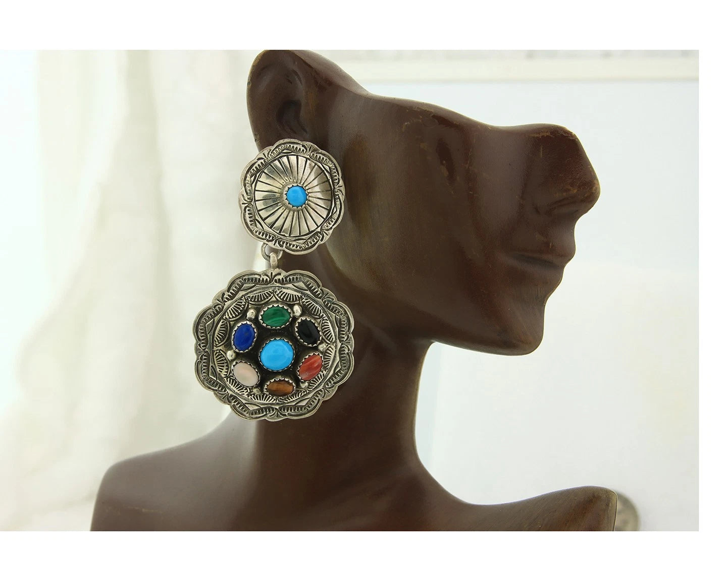 Navajo Concho Earrings Sterling Silver Natural Gemstones Vintage Handmade