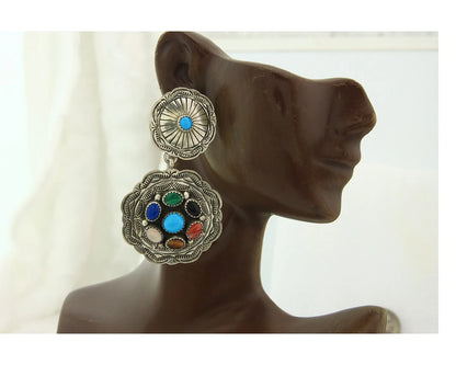 Navajo Concho Earrings Sterling Silver Natural Gemstones Vintage Handmade