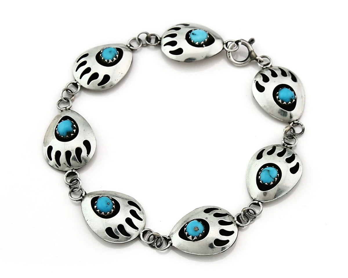 Navajo Paw Link Bracelet Sterling Silver Vintage Native Artist C.80's 7.5 in
