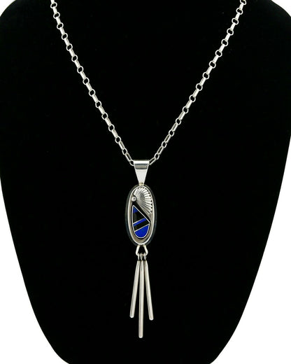 Navajo C. 1980 Artist Signed Natural Lapis & Jet .925 Silver Handmade Pendant