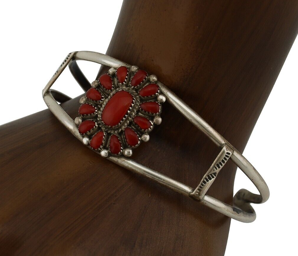 Zuni Bracelet 925 Silver Natural Red Coral Artist Signed J BESSELEN C.80's