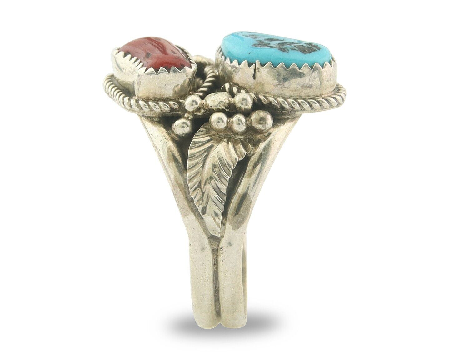 Men Navajo Ring 925 Sterling Silver Natural Coral & Turquoise Signed JM C.80's