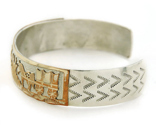 Navajo Cuff Bracelet Sterling Silver & Gold Vintage Storyteller Signed GE