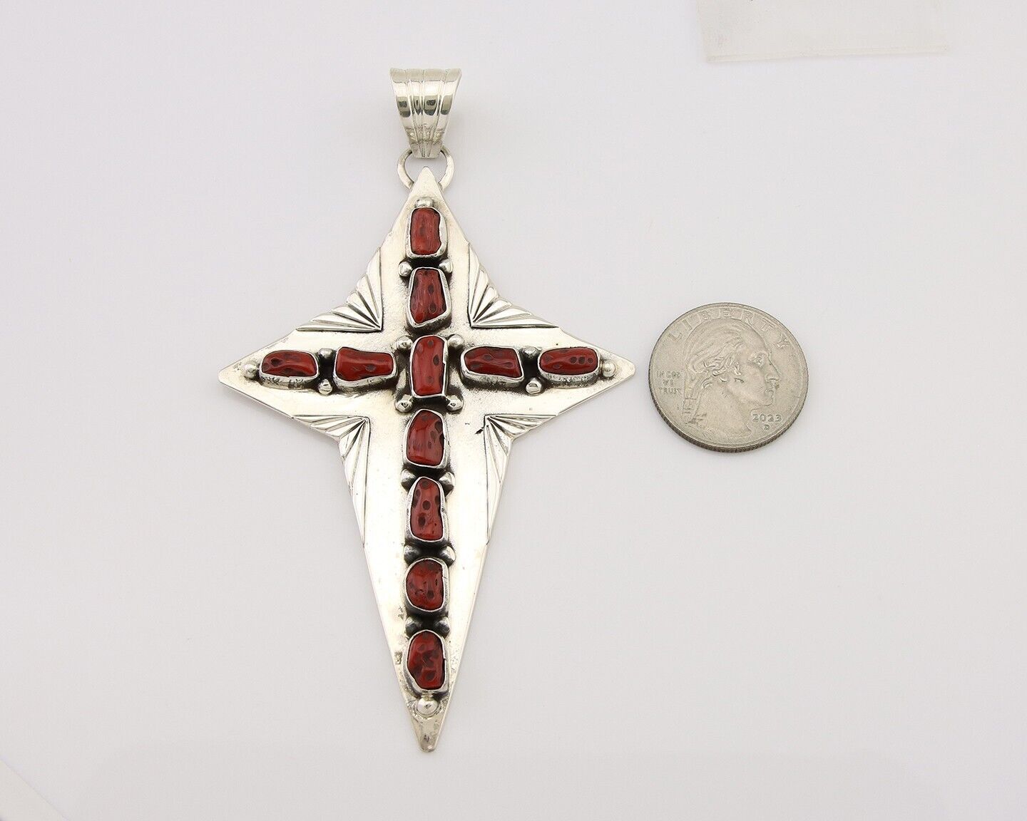 Large Navajo Cross Pendant 925 Silver Mediterranean Coral Artist Signed RD C.80s