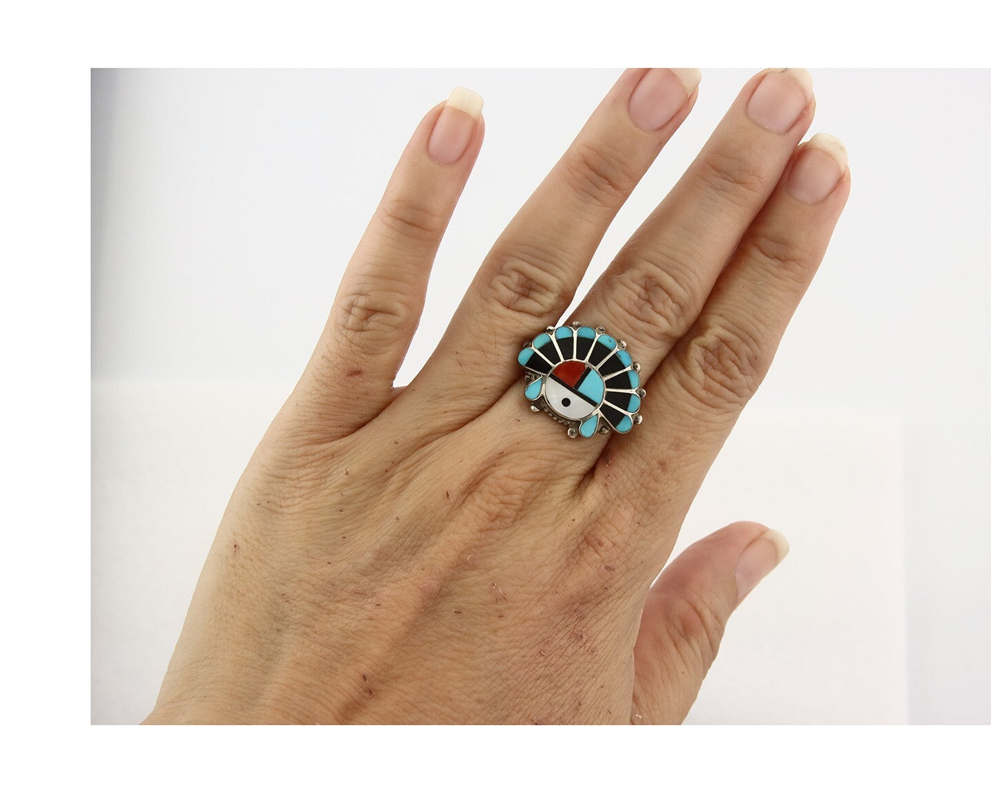 Vintage Zuni Ring 925 Sterling Silver Natural Gemstone Signed ELR Size 6.25