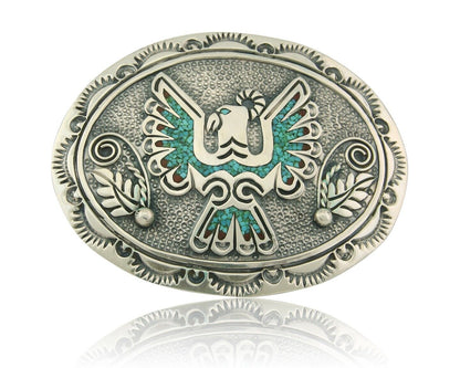 Vintage Navajo Belt Buckle 925 Sterling Silver Inlaid Gemstone Stanely Bain