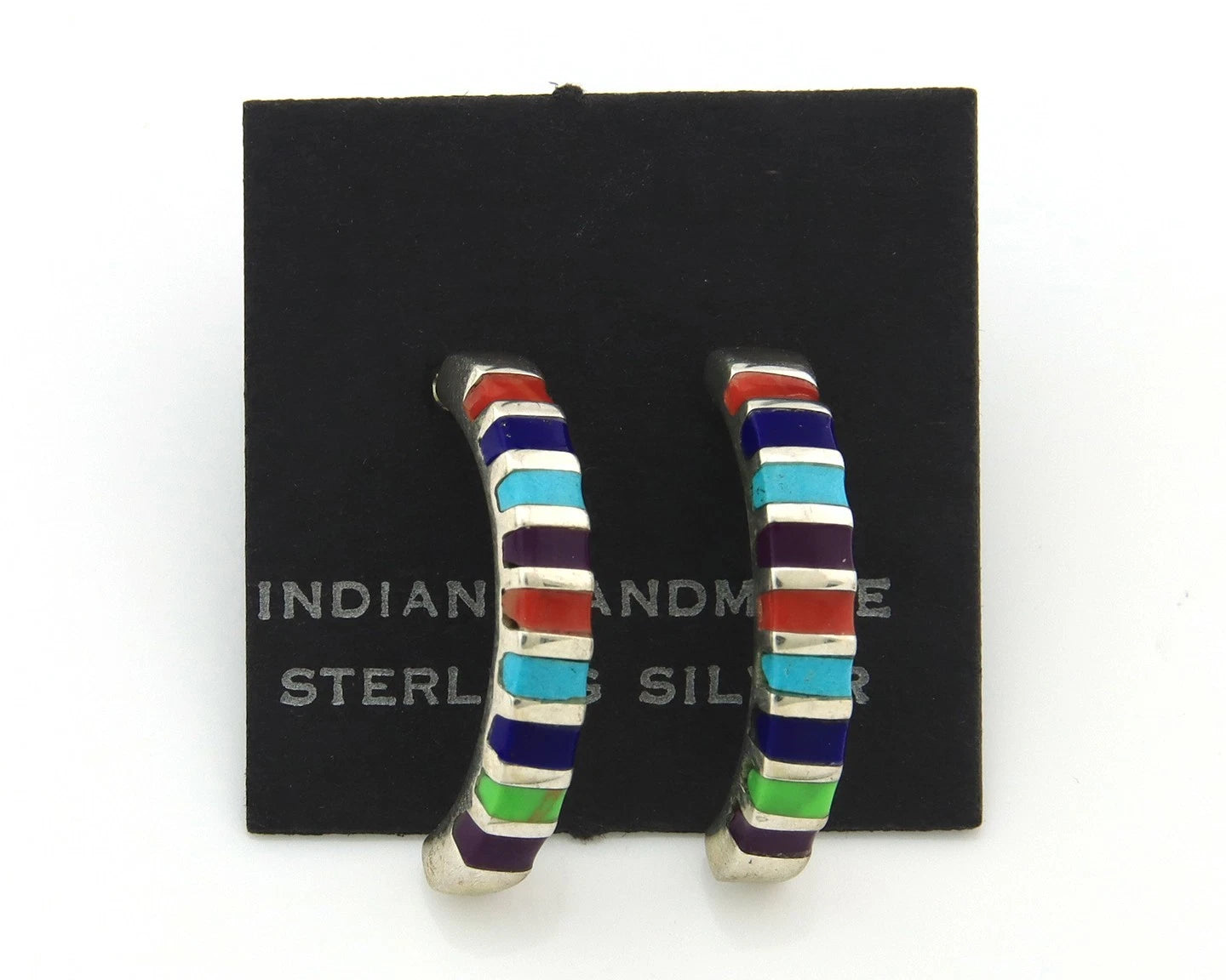 Navajo Half Hoop Earrings Sterling Silver Natural Gemstone Native Handmade