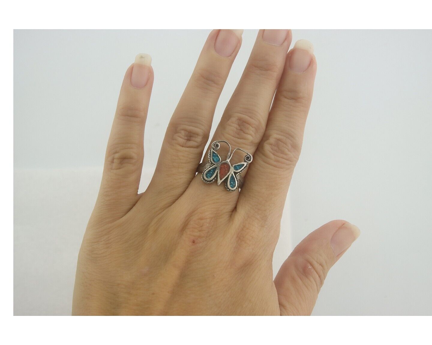 Navajo Ring 925 Silver Inlaid Butterfly Turquoise & Coral C.80's Size 5.5