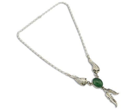 Navajo Signed "H" in .925 SOLID Silver Malachite Feather Necklace