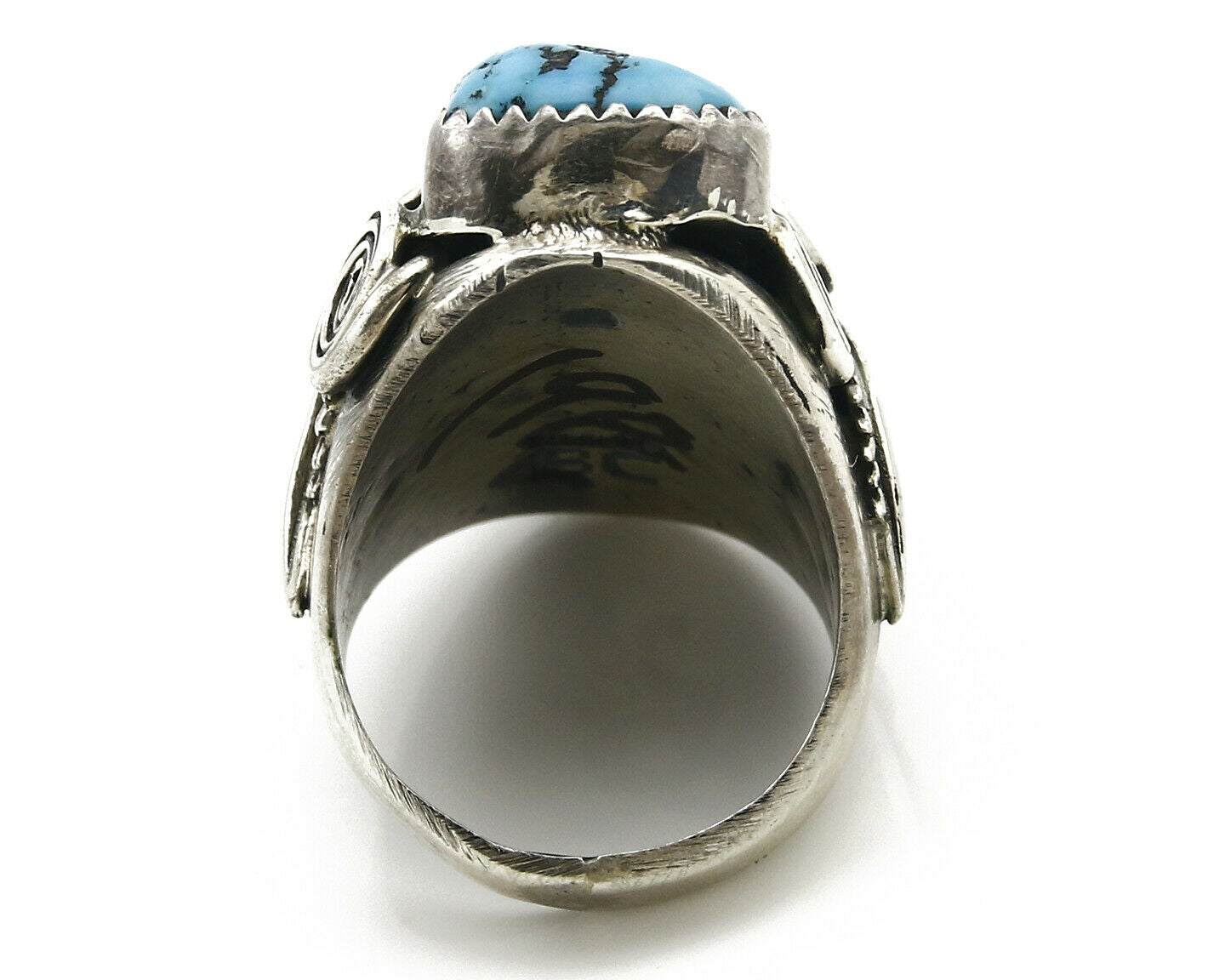 Navajo Ring .925 Silver Handmade Sleeping Beauty Turquoise Signed BC C.80's