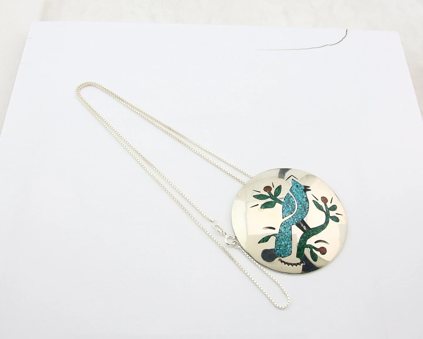 Navajo Blue Jay Necklace Sterling Silver Natural Green Gemstones Signed JS