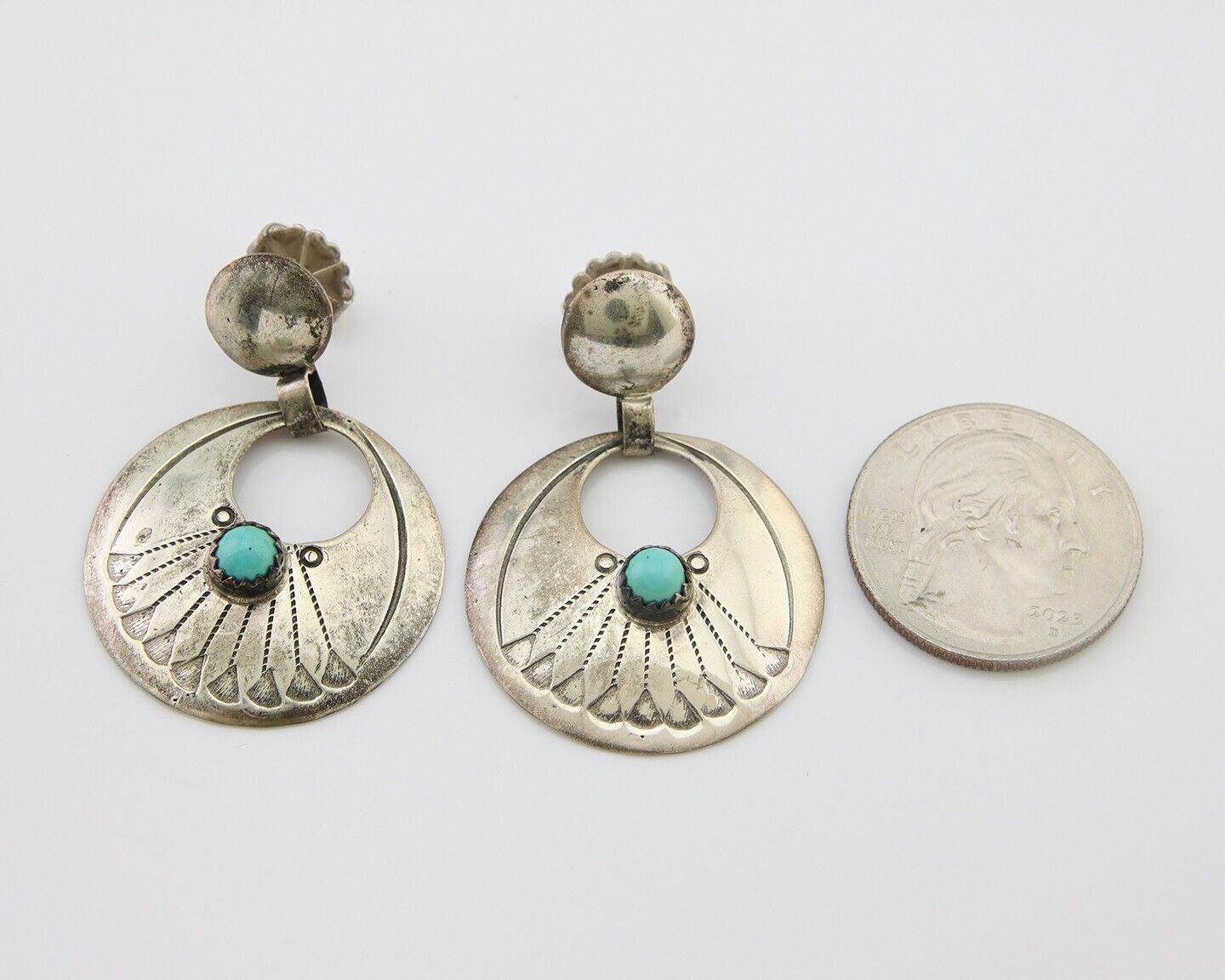 Navajo Dangle Earrings 925 Silver Natural Turquoise Native American Artist C80s