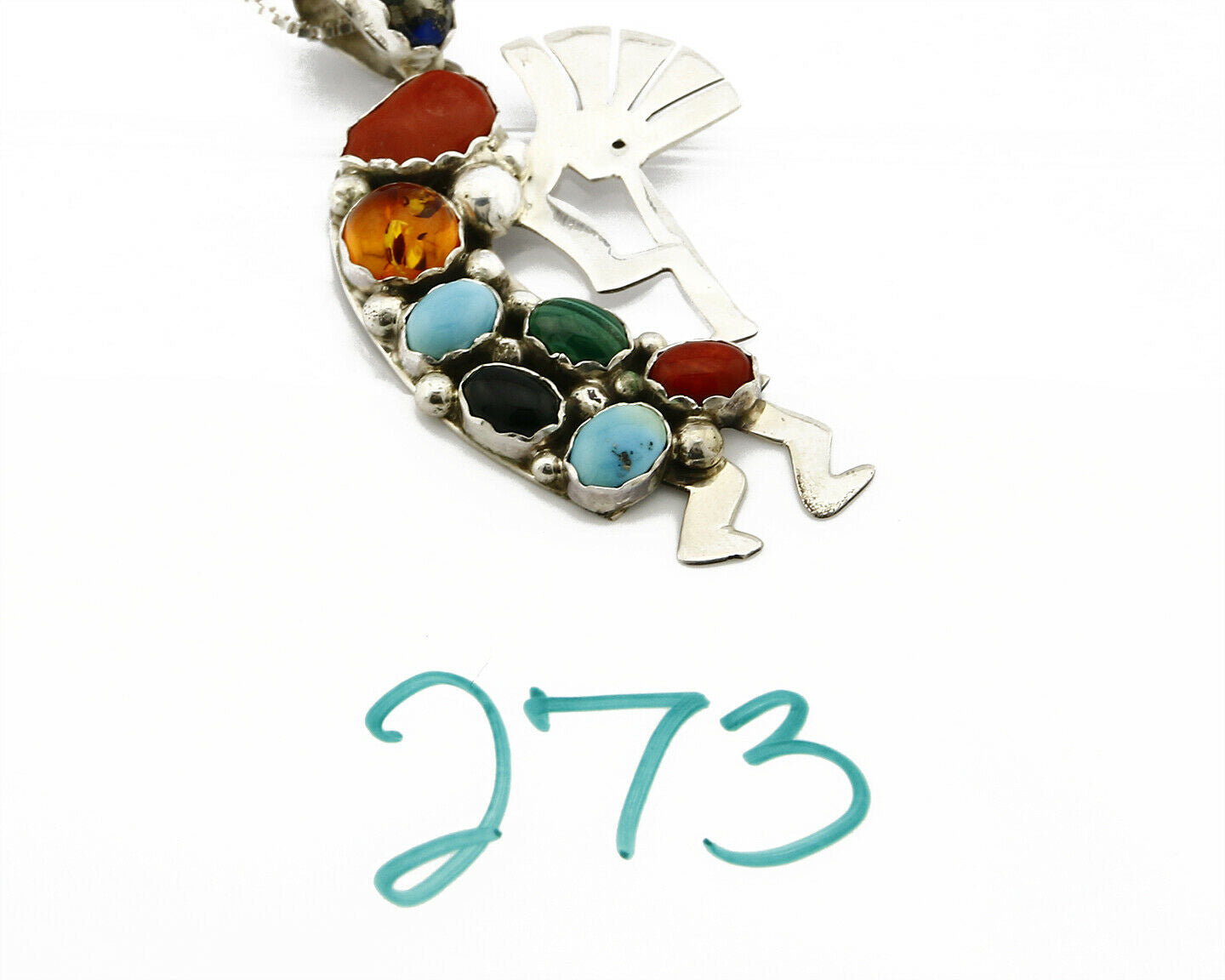 C.80-90's Navajo Signed Swirl .925 Silver Gemstone Kokopolli Necklace