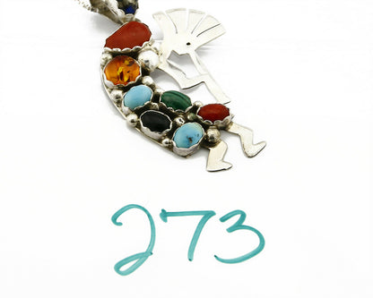C.80-90's Navajo Signed Swirl .925 Silver Gemstone Kokopolli Necklace