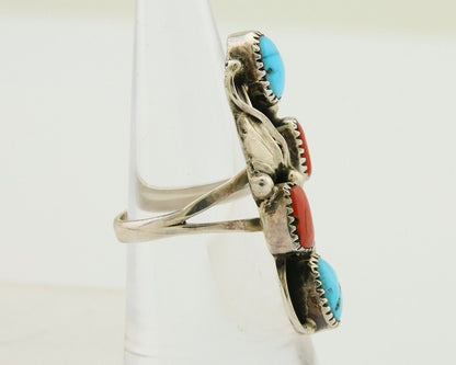 Navajo Handmade Ring 925 Silver Coral & Turquoise Native Artist C.80's