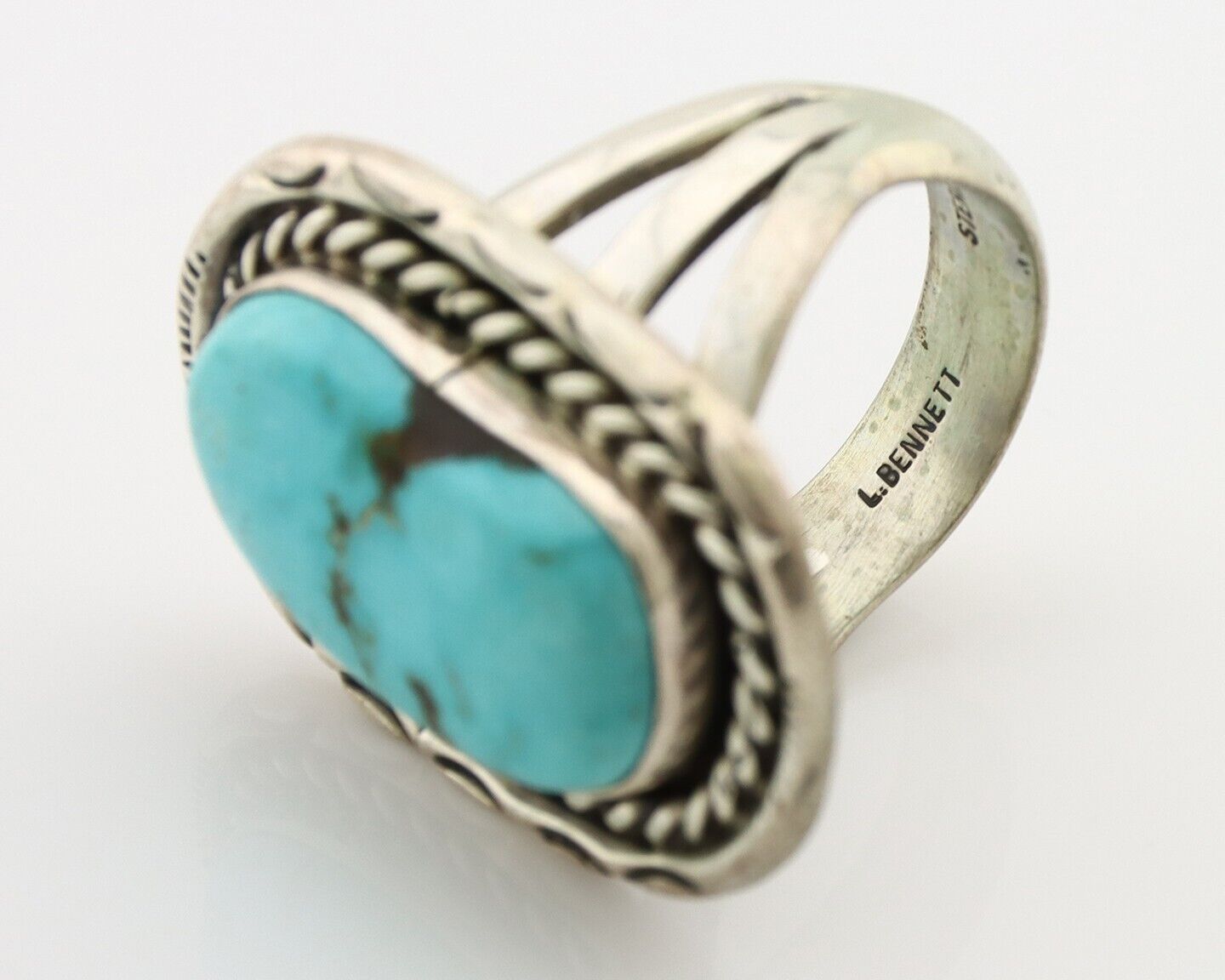 Navajo Ring .925 Silver Globe Turquoise Signed Lee Bennett C.80's