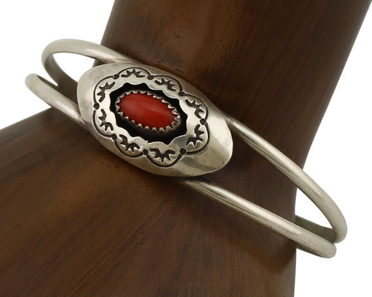 Navajo Bracelet 925 Silver Natural Red Coral Artist Signed AR ARROW C.80's