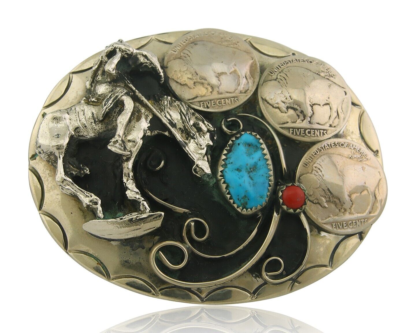 Navajo Belt Buckle .999 Nickel Buffalo Gemstone Signed W.O.W. 2.5x3.0 in C.80's