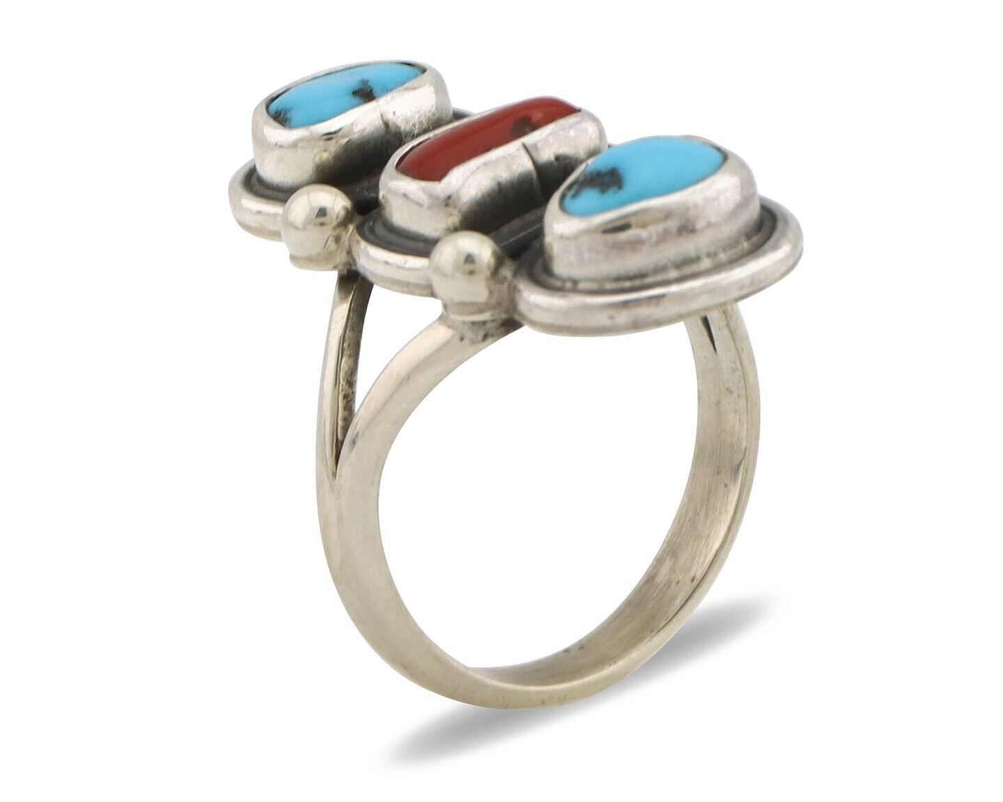 Navajo Ring 925 Silver Sleeping B Turquoise & Coral Native American Artist C.80s