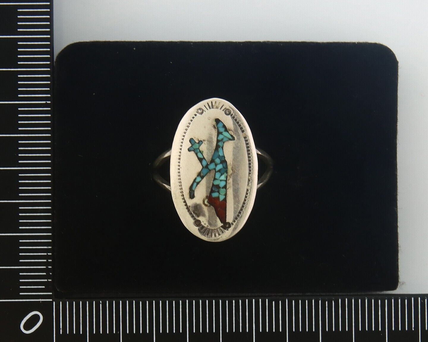 Navajo Ring 925 Sterling Natural Chip Inlay Coral & Turquoise C.80's Size 6.0