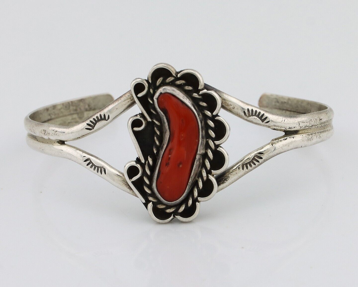 Navajo Bracelet 925 Silver Natural Red Coral Artist Signed L Begay C.80's