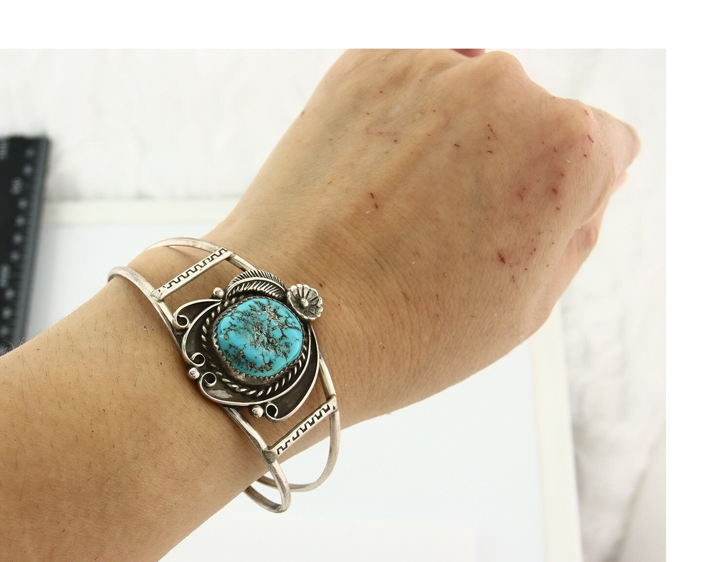 Vintage Navajo Bracelet 925 Silver Blue Turquoise Signed Herman Lee