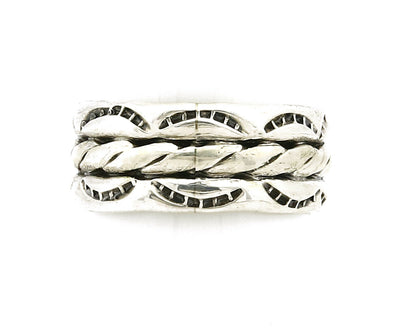 Navajo Ring .925 Silver Handmade Hand Stamped 3 Row Rope Band C.1980's 8.25