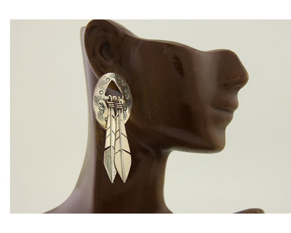 Navajo Feather Earrings 925 Silver Dangle Artist Signed DISHTA C.80's